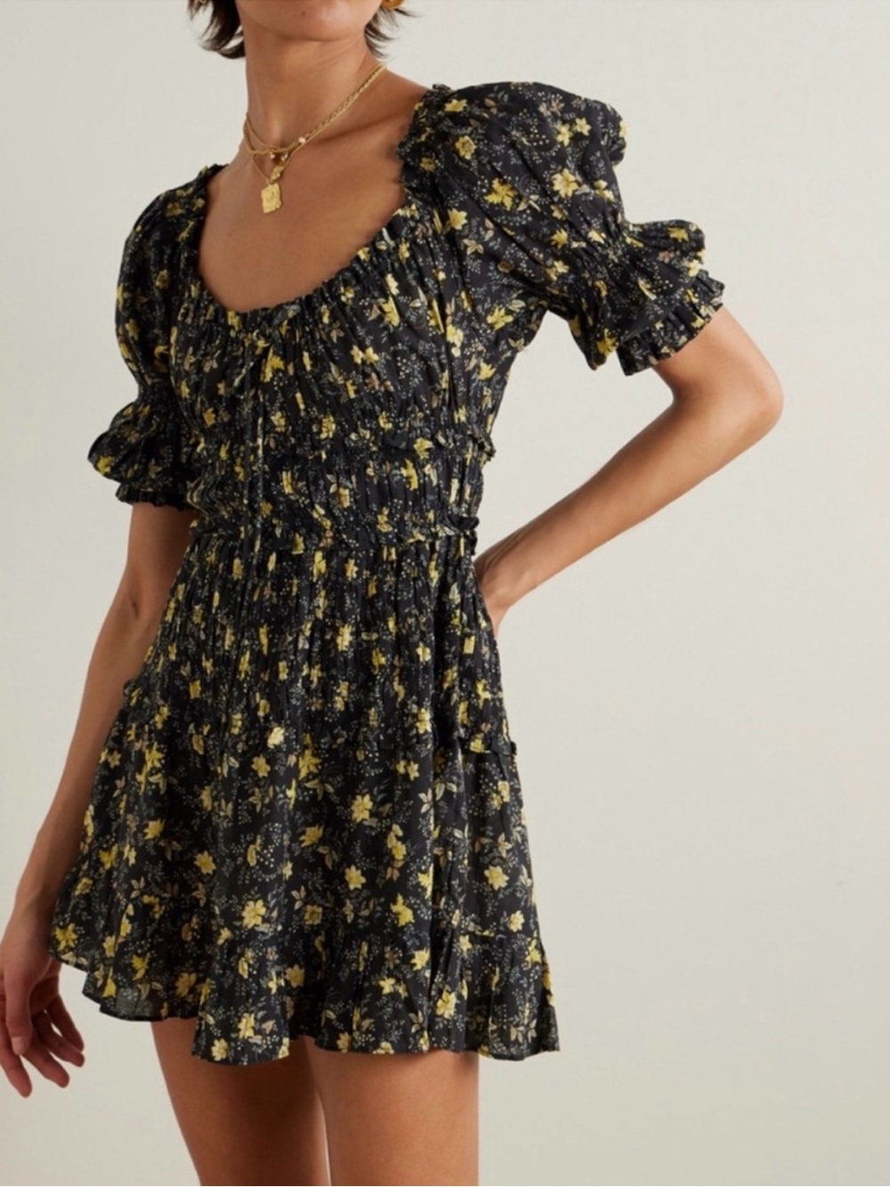 Doen Black Ismene Floral Mini Dress with Yellow Blooms